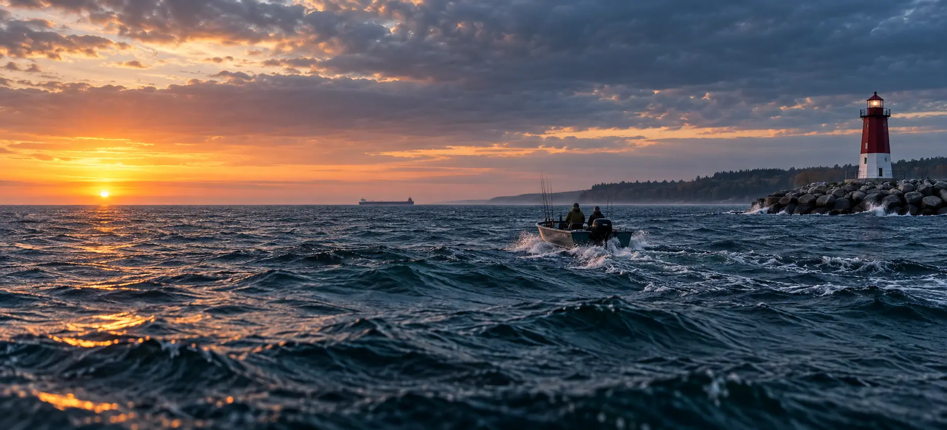 Anglers heading onto open Great Lakes water at dawn